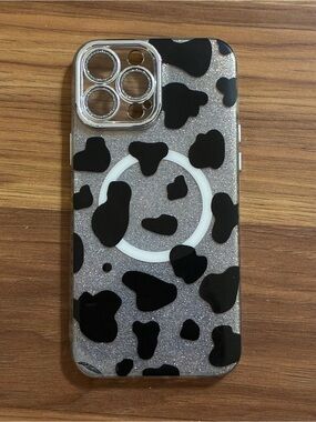 Phone Case with Black Cow Print and Silver Glitter - Compatible Accessories